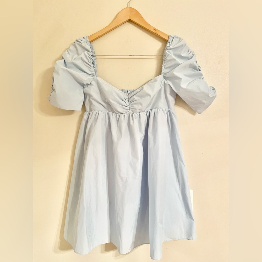 NWT- Amanda Uprichard Ariana Blue Puff Sleeve Mini Babydoll A-line Dress Sz M - Picture 3 of 14